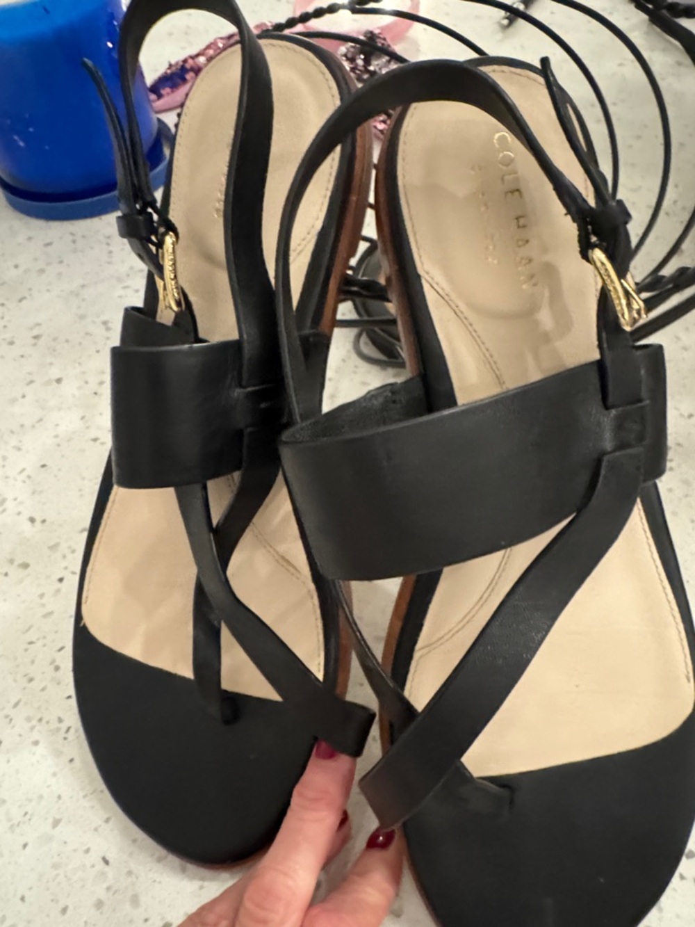 Cole Haan Black Leather Slingback Sandals with Gold Accent